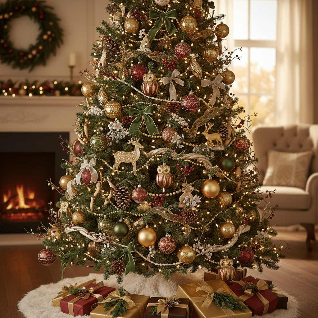 Festive Christmas tree adorned with gold and red ornaments, surrounded by gifts, next to a cozy fireplace.