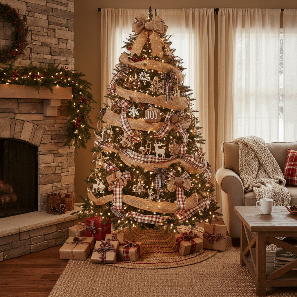 Cozy living room with a beautifully decorated Christmas tree and wrapped gifts, next to a stone fireplace.
