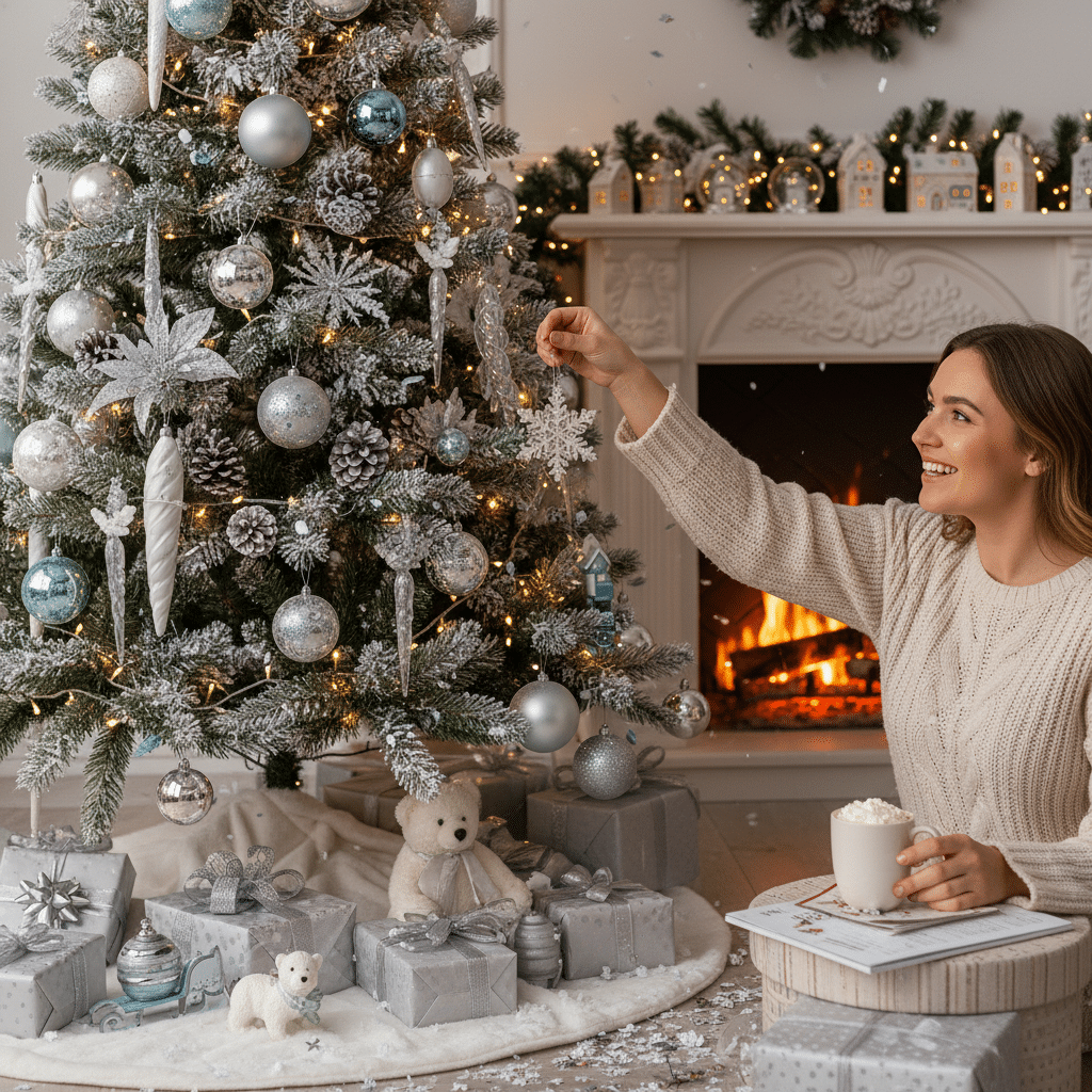 Woman decorating a Christmas tree with silver ornaments, surrounded by gifts, cozy fireplace in the background.