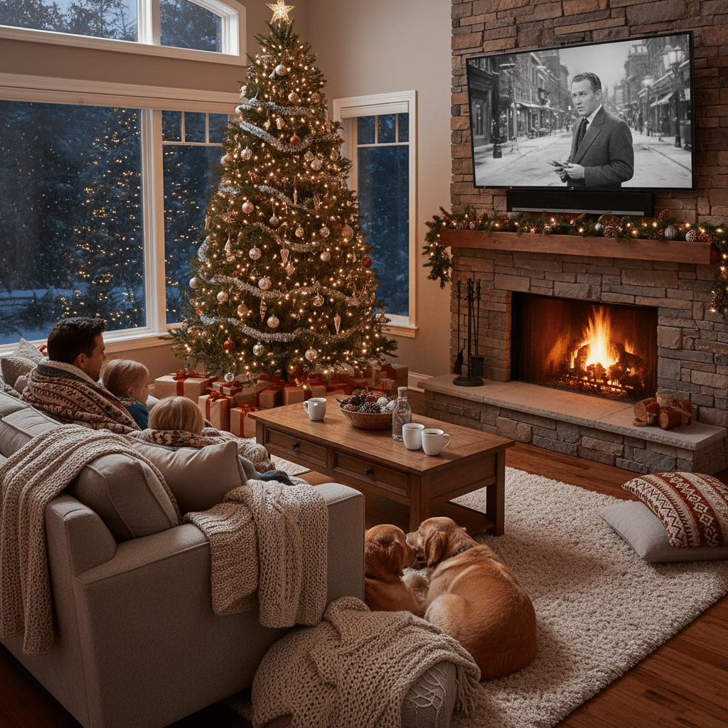 Cozy family Christmas scene with a decorated tree, fireplace, and cuddly pets in a warm, festive living room.