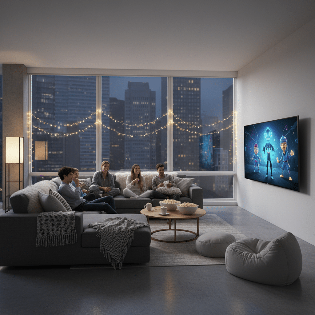 Group of friends enjoying a movie night at home, seated on a modern sofa with ambient city views.