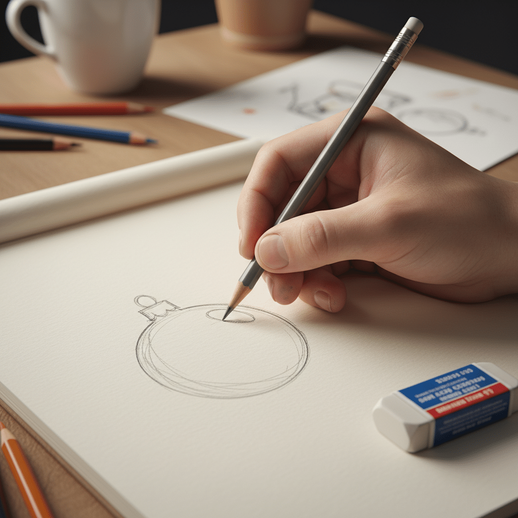 Hand drawing on sketchpad with pencil, surrounded by art supplies on desk.