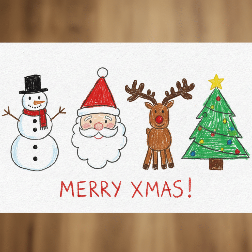 Hand-drawn Christmas illustration: snowman, Santa, reindeer, tree. Merry Xmas message in festive colors.
