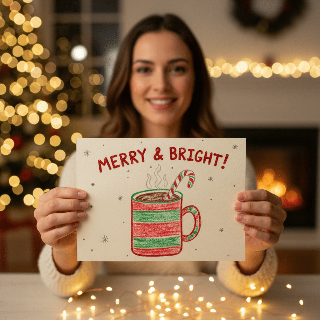 Woman holding a Merry & Bright card with a festive mug drawing in a cozy, holiday-lit room.