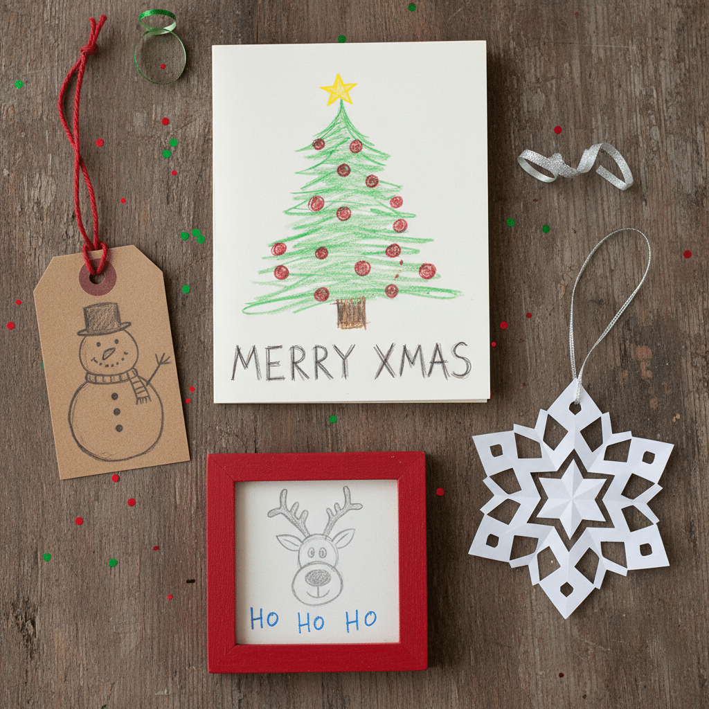 Handmade Christmas crafts with tree card, snowman tag, reindeer art, and paper snowflake on wood background.