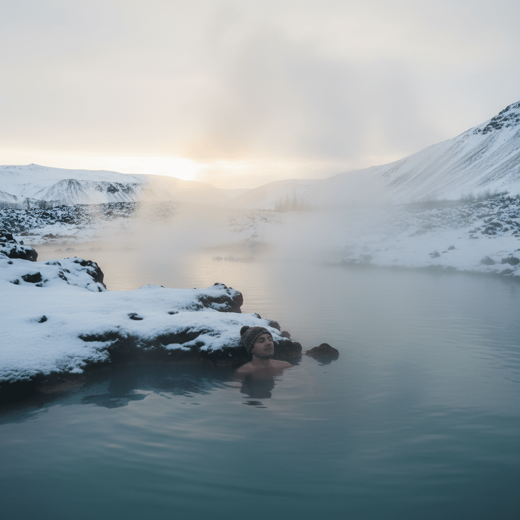 Man relaxing in a snowy geothermal hot spring with misty mountains in the background at sunrise.