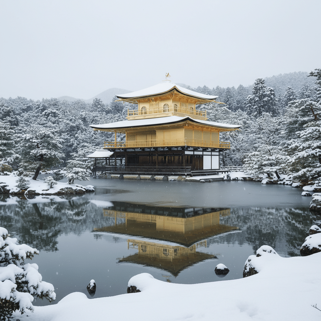Golden pavilion in snowy landscape reflected in a tranquil pond, surrounded by snow-covered trees and mountains.