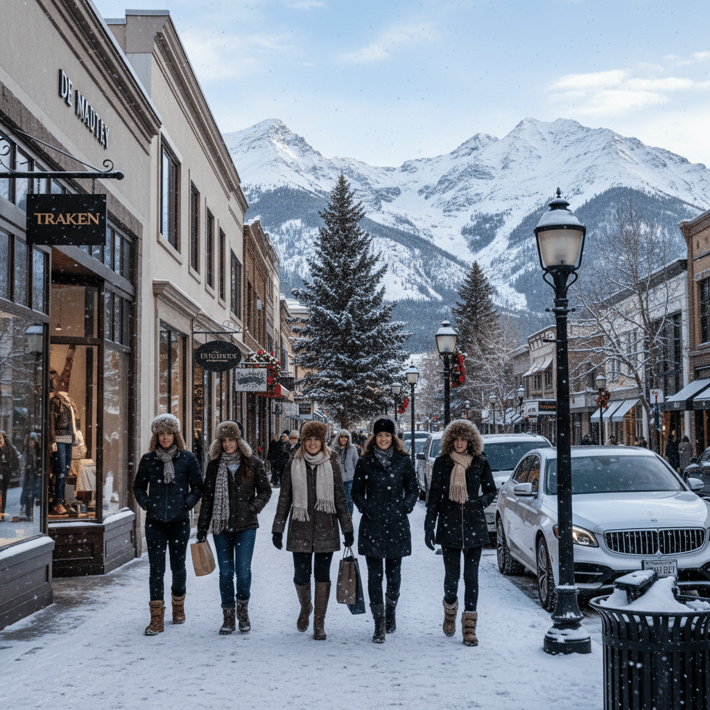 Five people walking on a snowy street with mountain backdrop and holiday decorations in a charming village.
