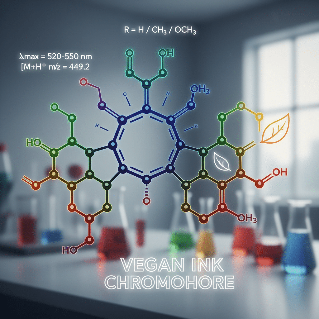 image Colorful molecular structure of vegan ink chromophore with lab flasks in background, λmax 520-550 nm. | Sky Rye Design Colorful molecular structure of vegan ink chromophore with lab flasks in background, λmax 520-550 nm.