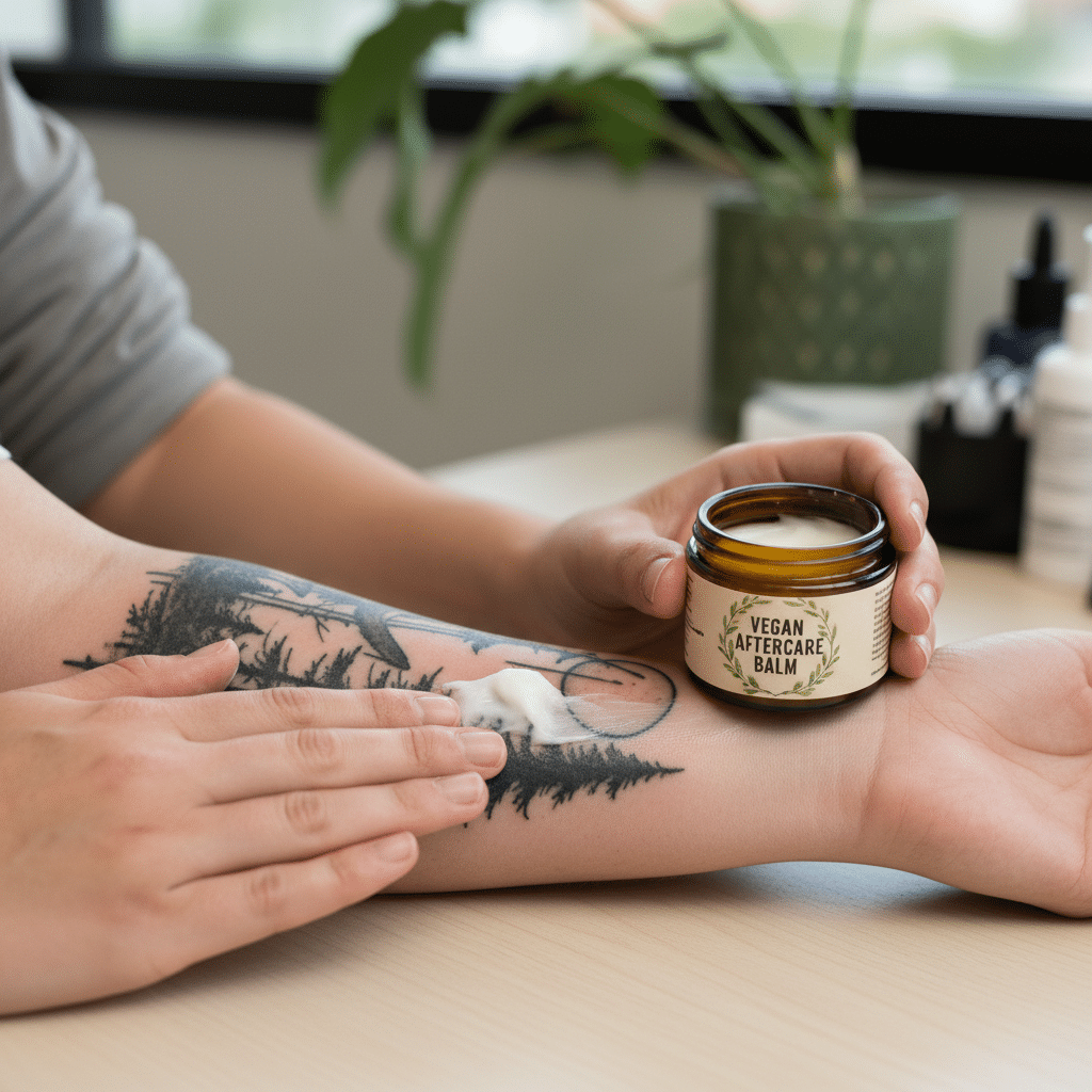 image Person applying vegan aftercare balm to a tattooed arm, promoting skin healing and tattoo care. | Sky Rye Design Person applying vegan aftercare balm to a tattooed arm, promoting skin healing and tattoo care.