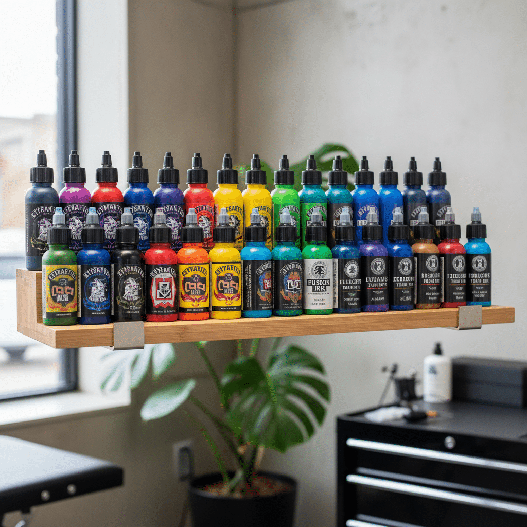 image Colorful tattoo ink bottles arranged on a shelf in a tattoo studio. | Sky Rye Design Colorful tattoo ink bottles arranged on a shelf in a tattoo studio.