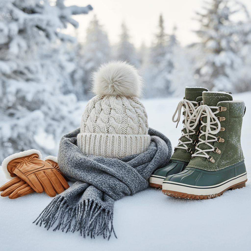 Winter accessories: knit hat, scarf, gloves, and green boots on snow with frosty trees in the background.