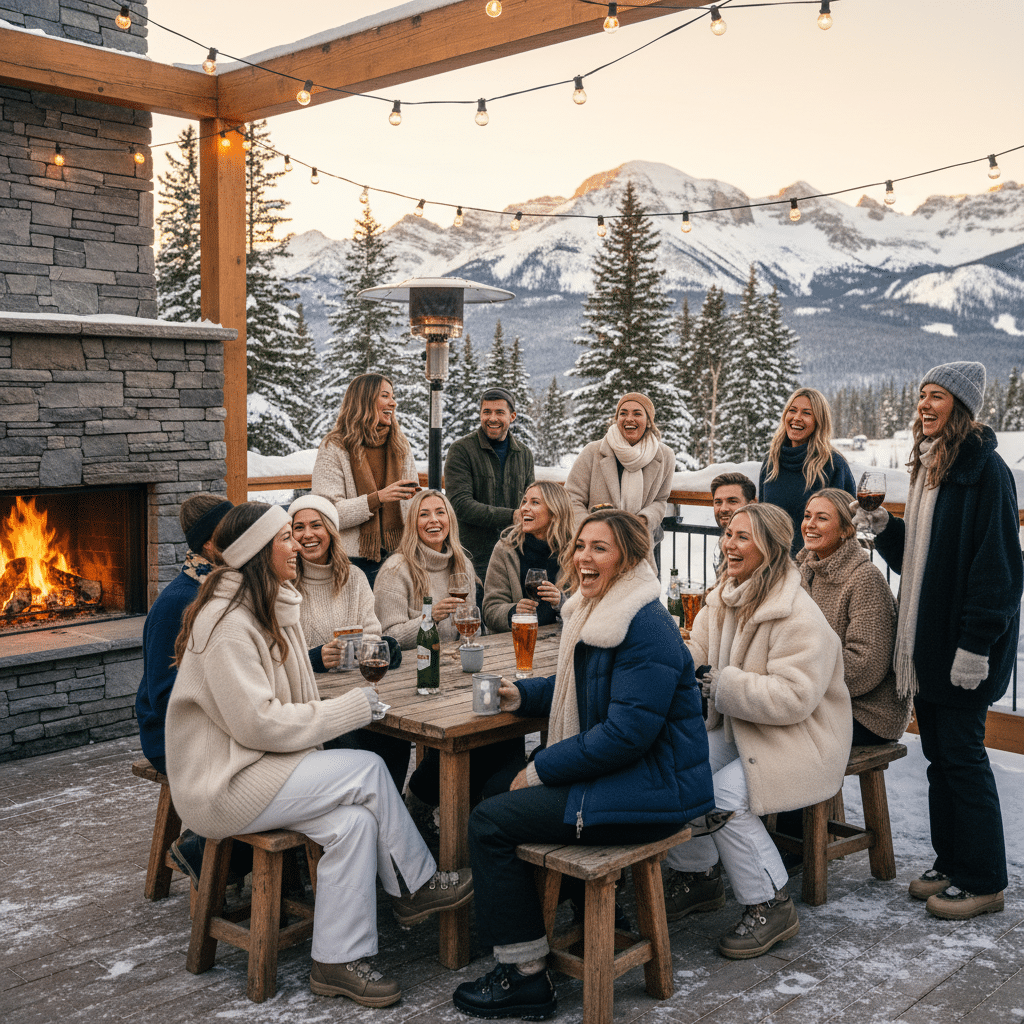 Group enjoying outdoor winter gathering by fireplace with stunning mountain view.