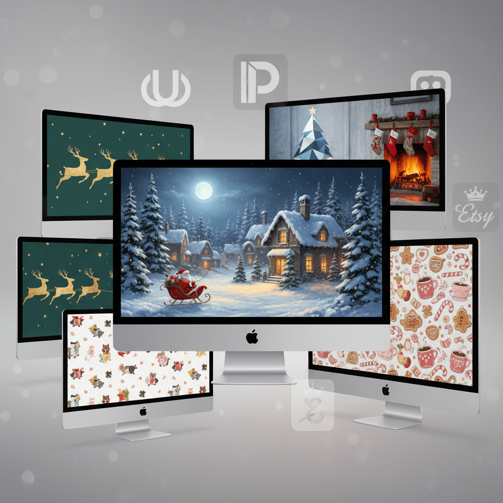Holiday-themed computer wallpapers featuring snowy village, Santa sleigh, reindeer, fireplace, and festive patterns on multiple screens.