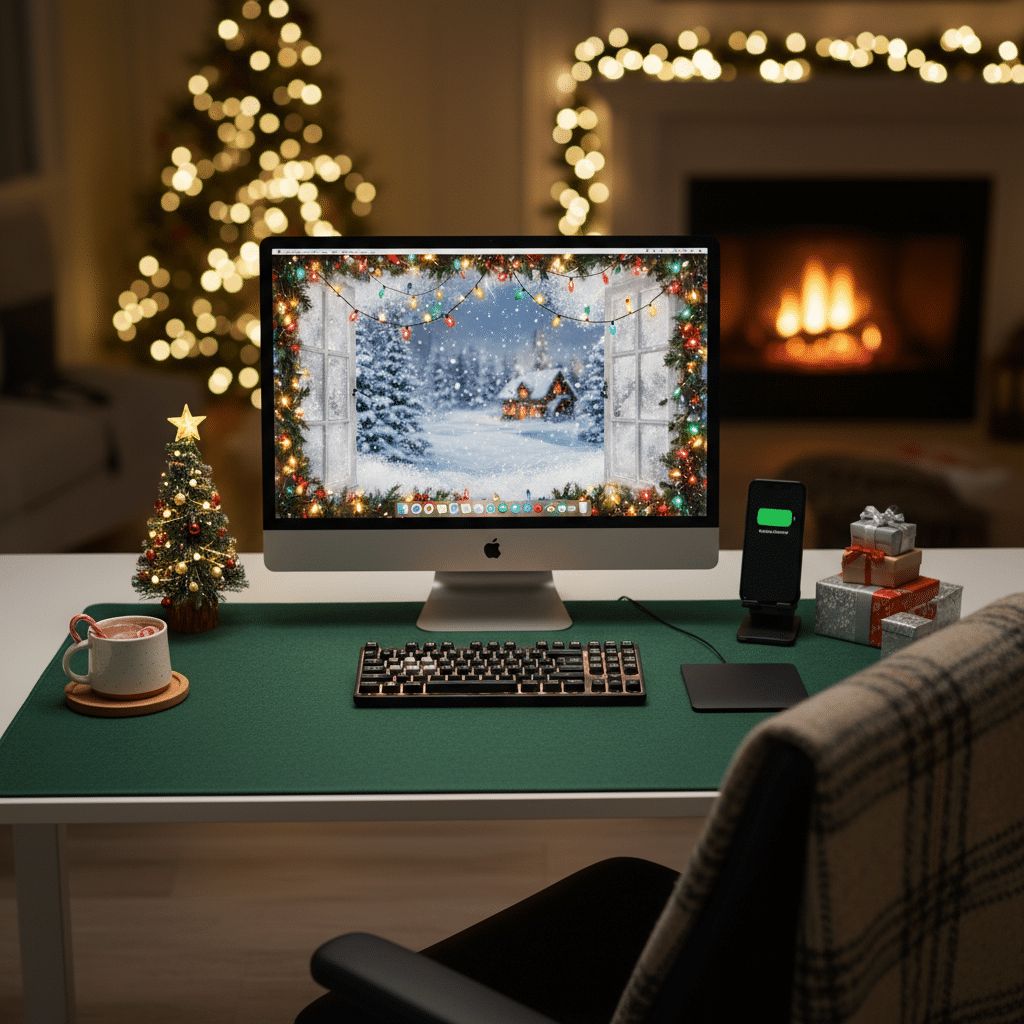 Cozy Christmas workspace with decorated computer, mini tree, gifts, and a hot cocoa mug. Fireplace and tree lights glow in the background.