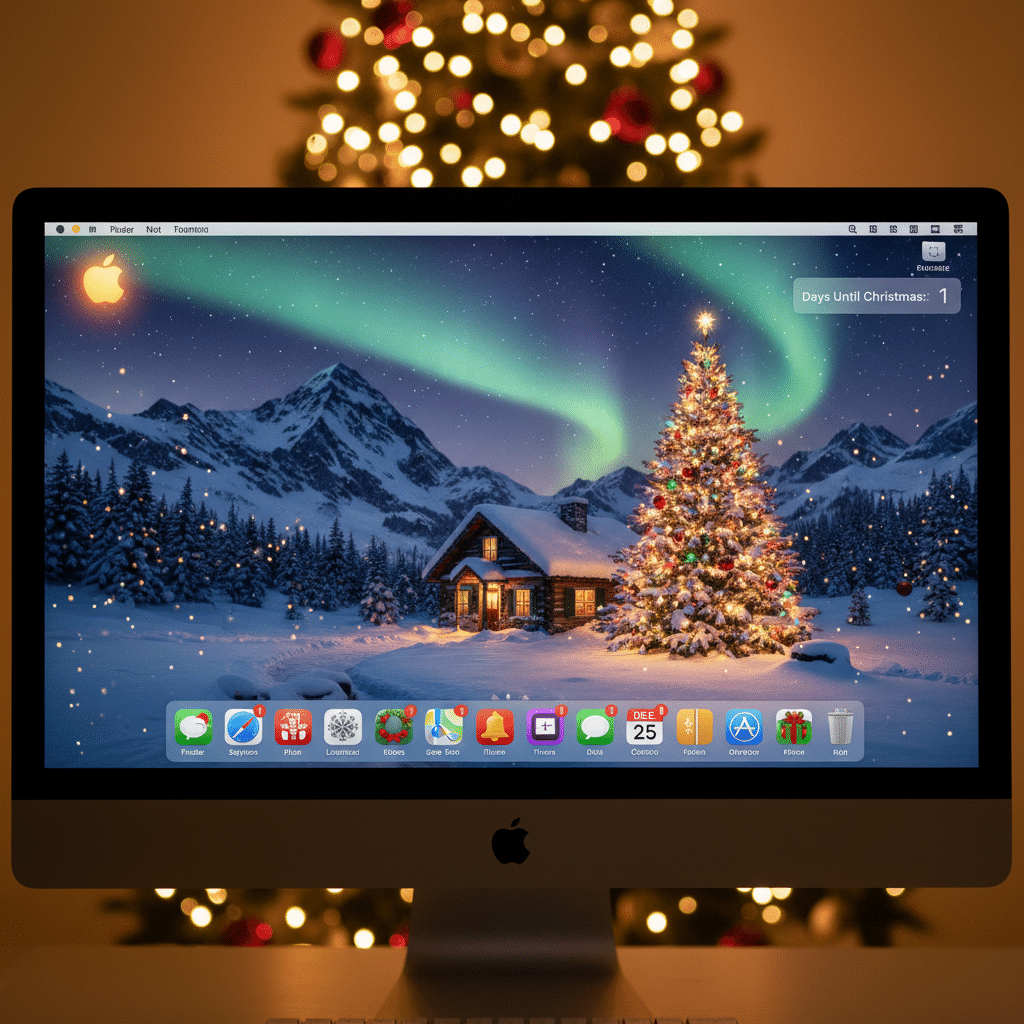 Festive computer screen displaying Christmas-themed wallpaper with a snowy cabin, decorated tree, and Northern Lights.