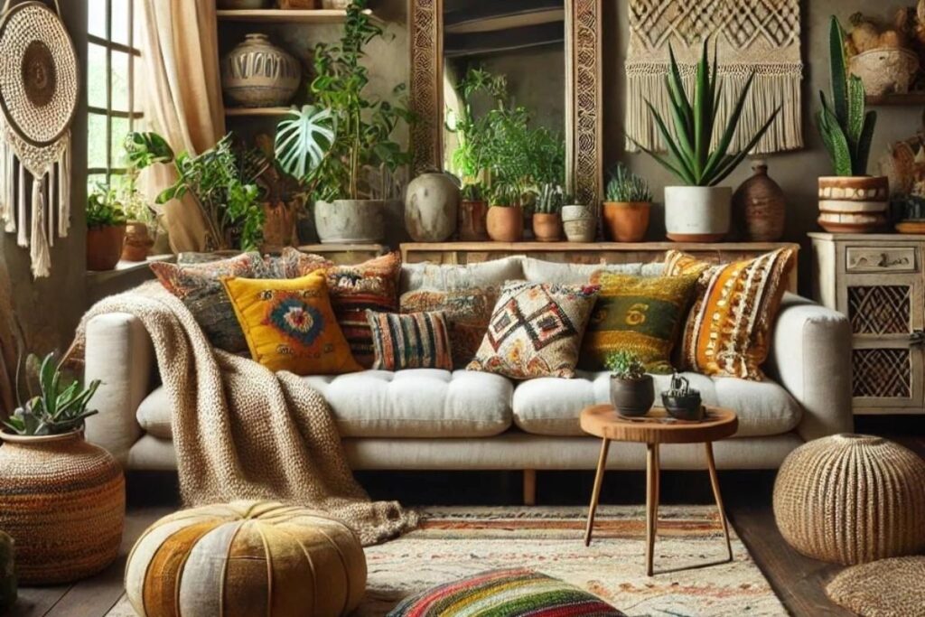 Stylish bohemian living room with a cozy couch, colorful cushions, and lush indoor plants for a warm, nature-inspired ambiance.
