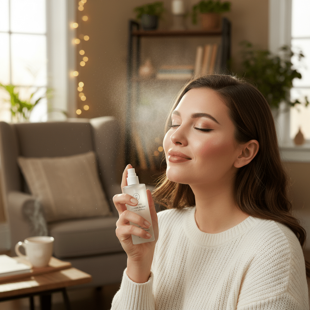 Woman enjoying a refreshing facial mist in a cozy living room, promoting radiant skin care and relaxation.