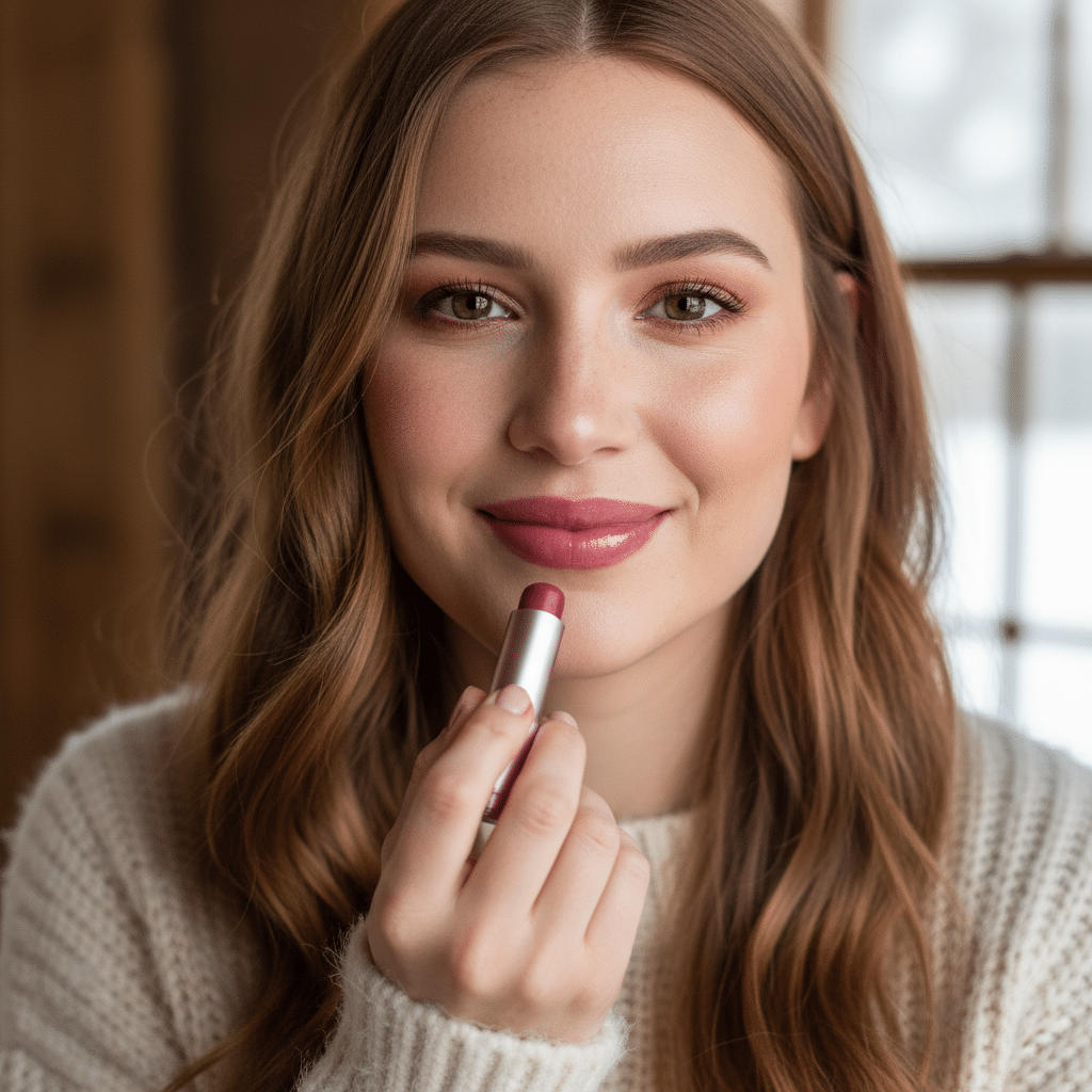 Woman applying pink lipstick, enhancing natural beauty. Smiling indoors, cozy sweater, soft lighting. Perfect for skincare or makeup ads.