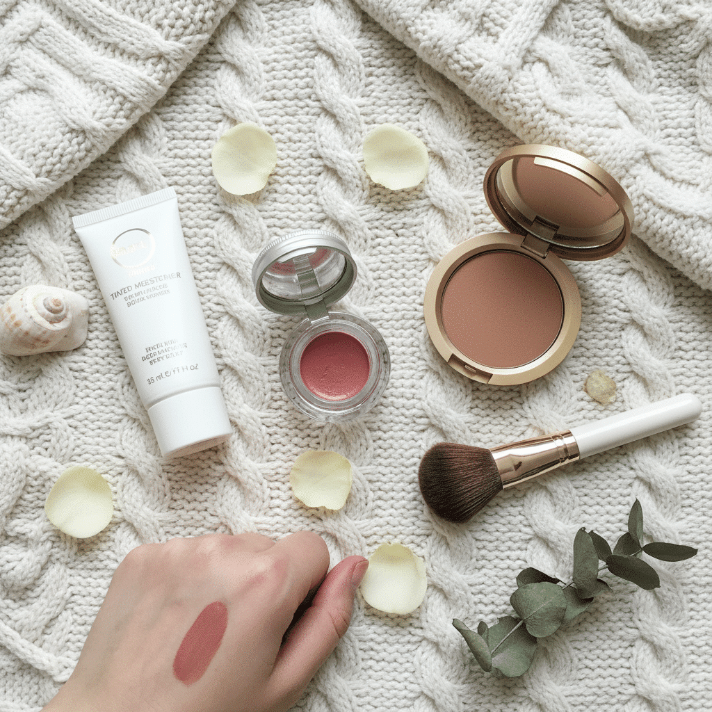 Makeup essentials on a cozy knit background: tinted moisturizer, blush, bronzer, brush, and hand swatch with petal accents.