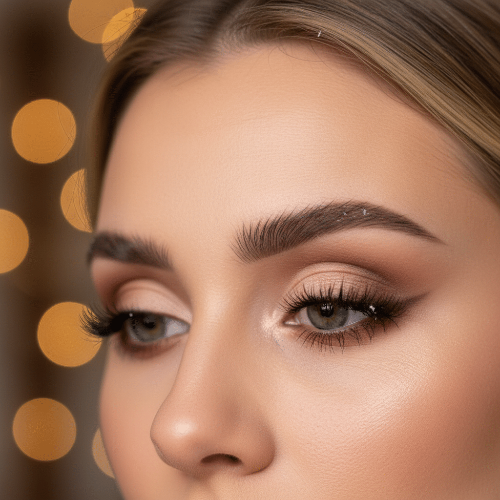 Close-up of a woman's eye with expertly applied makeup, featuring bold brows, winged eyeliner, and voluminous lashes.