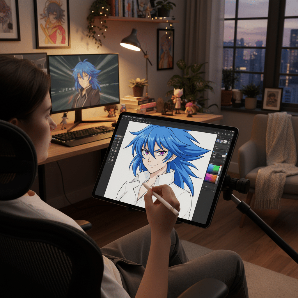 image Person drawing anime character with blue hair on a tablet, with matching artwork displayed on a computer screen in a cozy room. | Sky Rye Design Person drawing anime character with blue hair on a tablet, with matching artwork displayed on a computer screen in a cozy room.