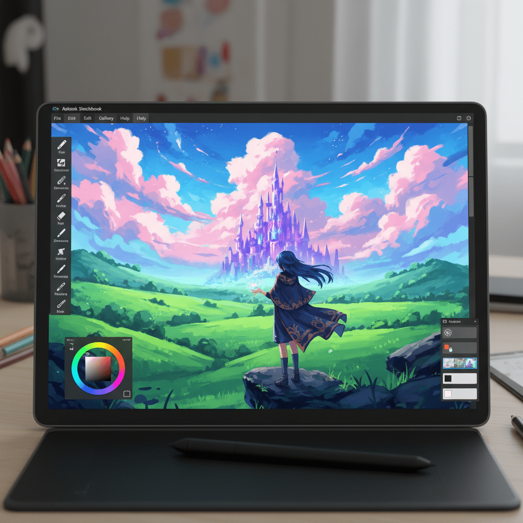 image Digital painting of a mystical landscape on a tablet, featuring a castle and fantasy character in a sketchbook app. | Sky Rye Design Digital painting of a mystical landscape on a tablet, featuring a castle and fantasy character in a sketchbook app.