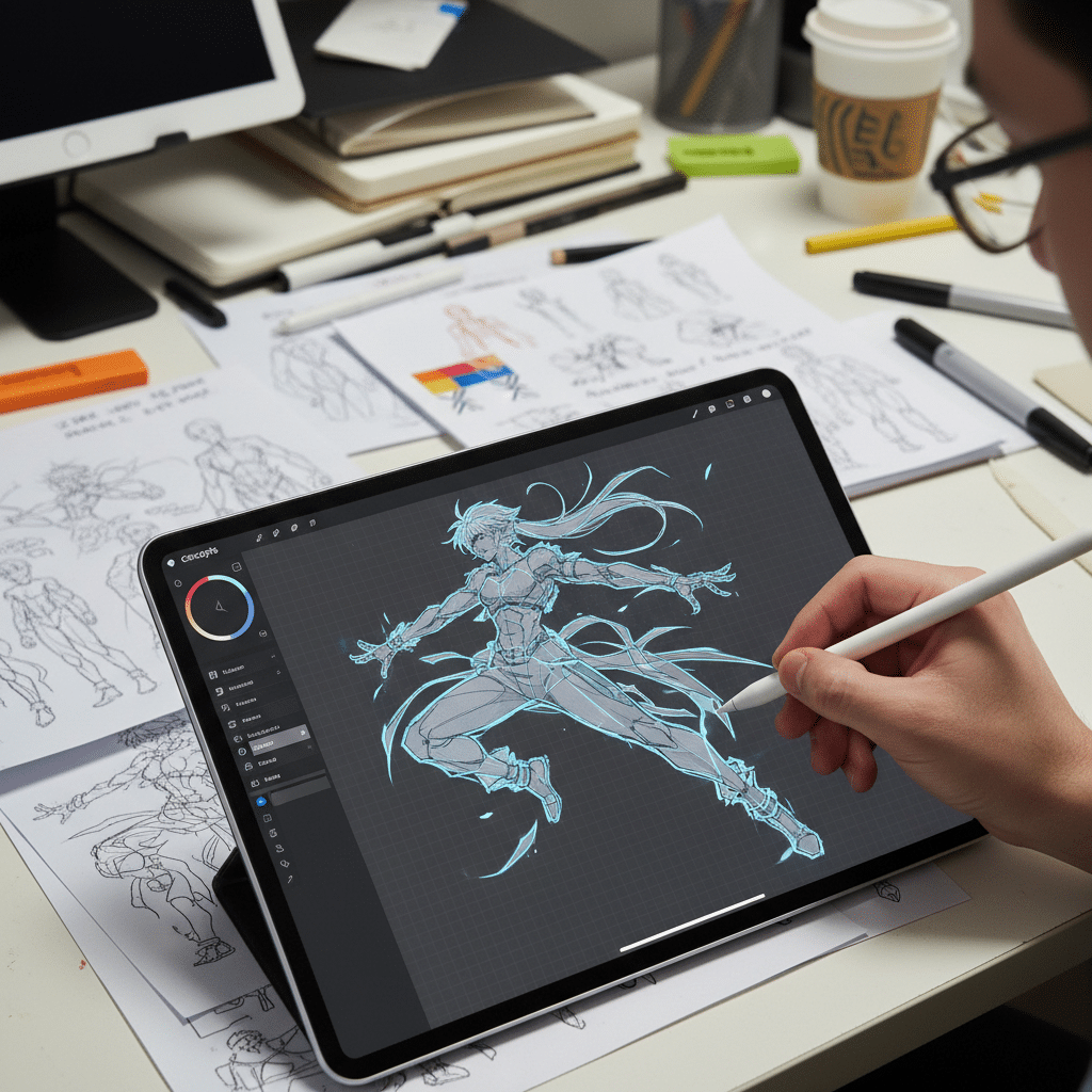 image Digital artist sketching a dynamic character on a tablet at a cluttered desk with art supplies and sketches. | Sky Rye Design Digital artist sketching a dynamic character on a tablet at a cluttered desk with art supplies and sketches.