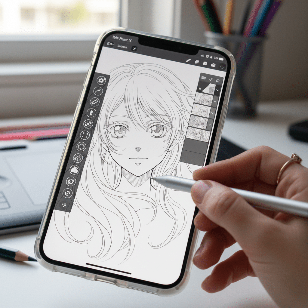 image Person drawing anime character on smartphone using stylus, digital art creation in progress near window with art supplies in background. | Sky Rye Design Person drawing anime character on smartphone using stylus, digital art creation in progress near window with art supplies in background.