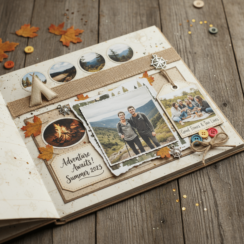 Scrapbook page with photos of friends on a hiking trip, a campfire, and decorations. Text: Adventure Awaits! Summer 2023.