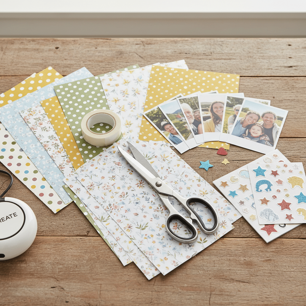 Scrapbooking materials including patterned paper, photos, scissors, and decorative stickers on a wooden table. Perfect for crafting.