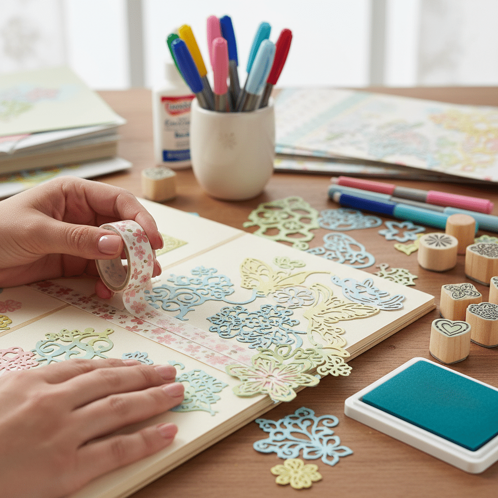 Person scrapbooking with colorful paper cutouts, decorative tape, and craft supplies on a wooden table. Creative DIY project.