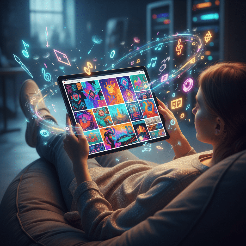 A person relaxes with a tablet, viewing vibrant digital art, surrounded by floating music and digital icons in a creative workspace.