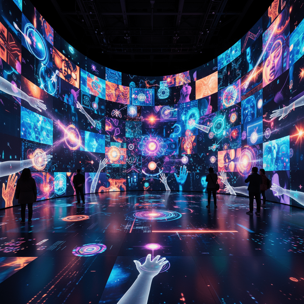 Immersive digital art installation with vibrant, futuristic graphics and interactive screens, featuring people exploring the captivating display.