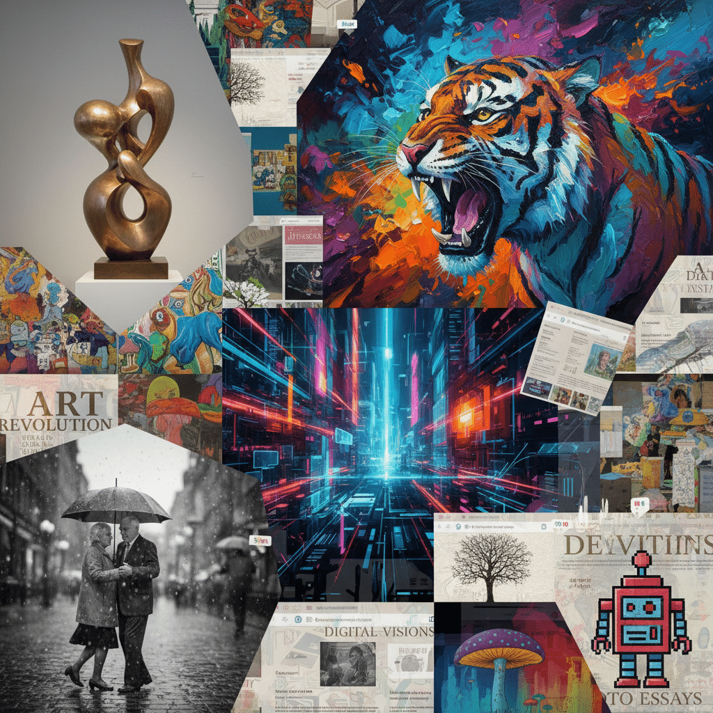 A vibrant collage featuring abstract art, a roaring tiger, digital cityscape, and vintage black-and-white photo of a couple under an umbrella.