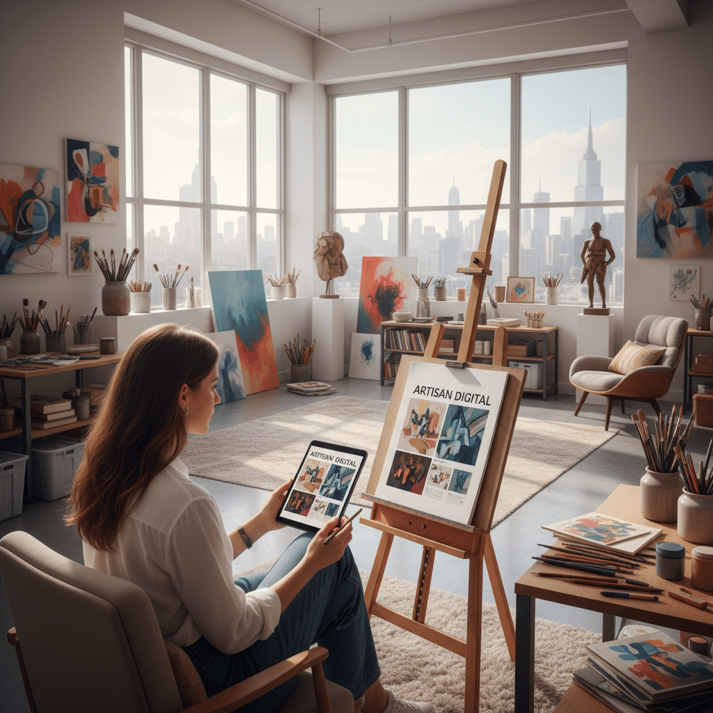 Artist in a modern studio holding a tablet, with colorful paintings, digital art, and a cityscape view through large windows.