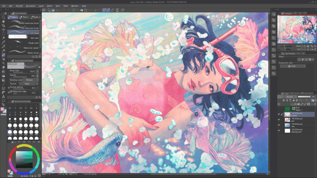 image Digital artwork depicting a girl underwater with fish, pink goggles, and swirling bubbles, created in Clip Studio Paint. | Sky Rye Design Digital artwork depicting a girl underwater with fish, pink goggles, and swirling bubbles, created in Clip Studio Paint.