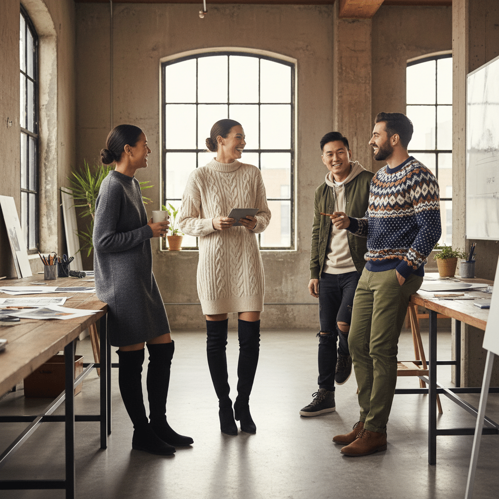 A diverse group of colleagues engaged in a creative office meeting, exchanging ideas with a relaxed and modern vibe.