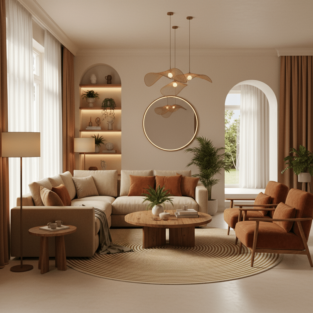 Modern cozy living room with a beige sectional sofa, round wood coffee table, orange armchairs, plants, and warm lighting accents.