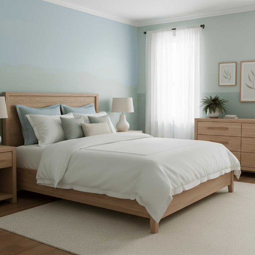 Modern bedroom with wooden furniture, cozy white bedding, soft lighting, and pastel walls. Peaceful, minimalist interior design.