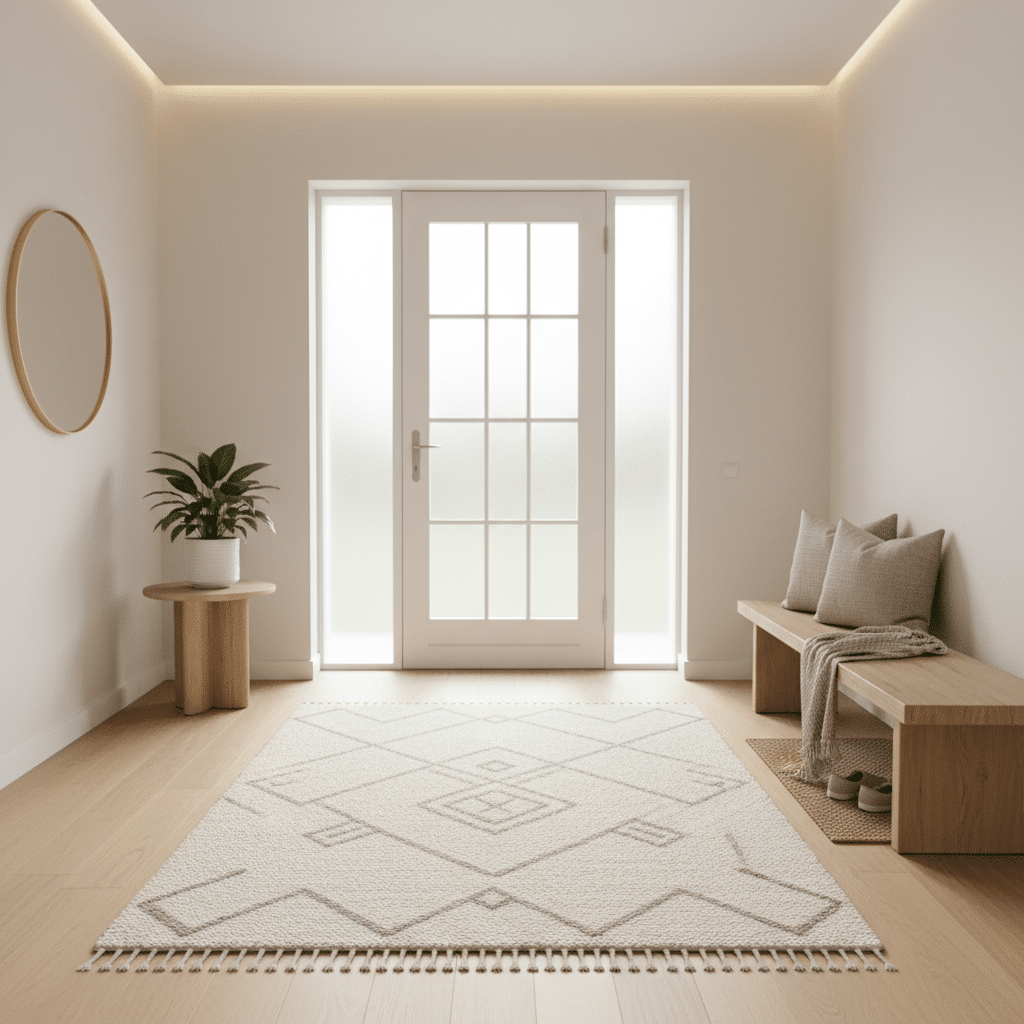 Minimalist entryway with modern decor, wooden bench, cozy pillows, woven rug, round mirror, and indoor plant by glass-paneled door.