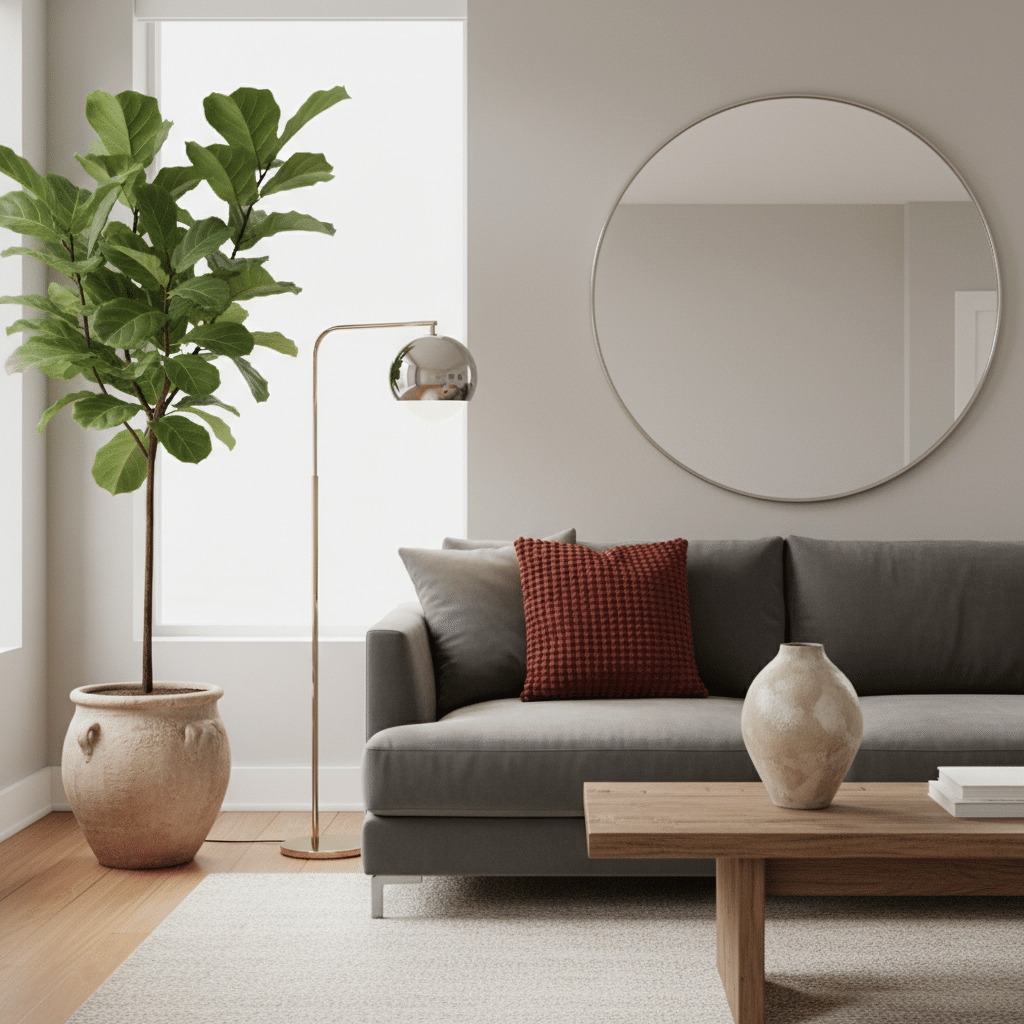 Modern living room with a gray sofa, red pillow, round mirror, potted plant, gold floor lamp, and wooden coffee table with a vase.