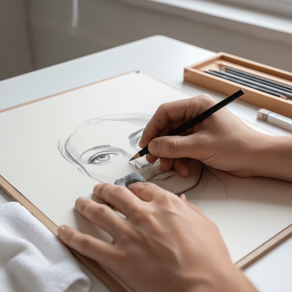 Artist's hand sketching a detailed portrait on paper, with pencils nearby.