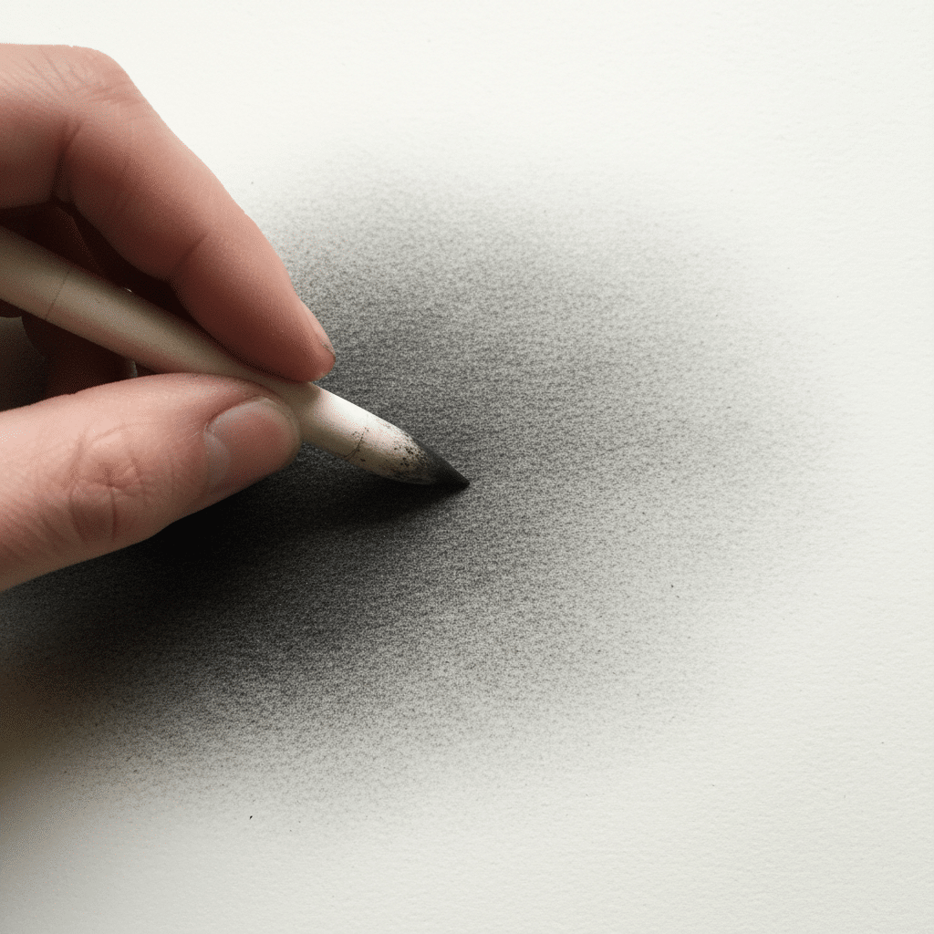 Hand blending charcoal on paper with a tortillon for a smooth, shaded effect in drawing art.