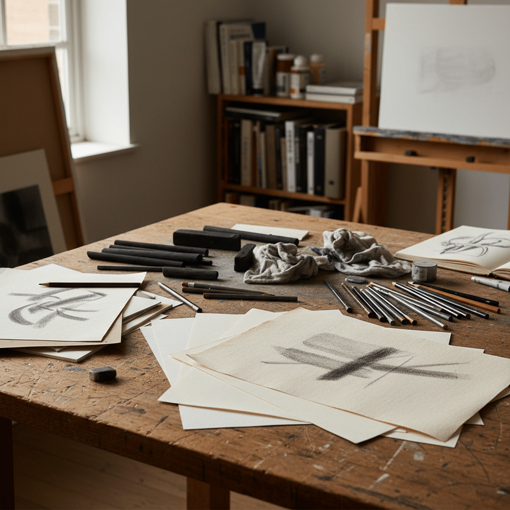 Artist's workspace with sketches, charcoal, and drawing tools on a wooden table in a sunlit studio.
