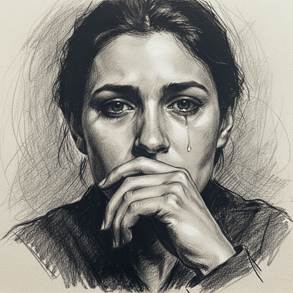 Pencil sketch of a person deep in thought, with a tear on their cheek, evoking emotion and introspection.