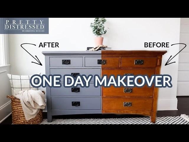Furniture makeover: wood dresser transformed to gray paint in one day. Before and after comparison. Home decor inspiration.
