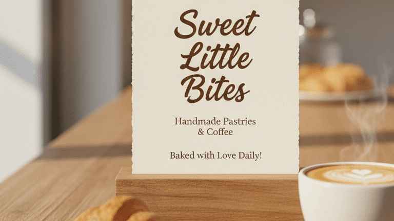 image Cozy cafe offering handmade pastries and coffee. Sign reads Sweet Little Bites, Baked with Love Daily with a croissant and latte nearby. | Sky Rye Design Cozy cafe offering handmade pastries and coffee. Sign reads Sweet Little Bites, Baked with Love Daily with a croissant and latte nearby.