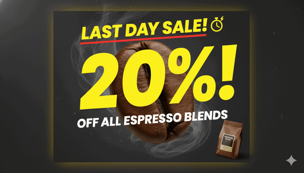 image Last day sale! 20% off all espresso blends with coffee bean and bag illustration. Limited time offer graphic with a coffee theme. | Sky Rye Design Last day sale! 20% off all espresso blends with coffee bean and bag illustration. Limited time offer graphic with a coffee theme.