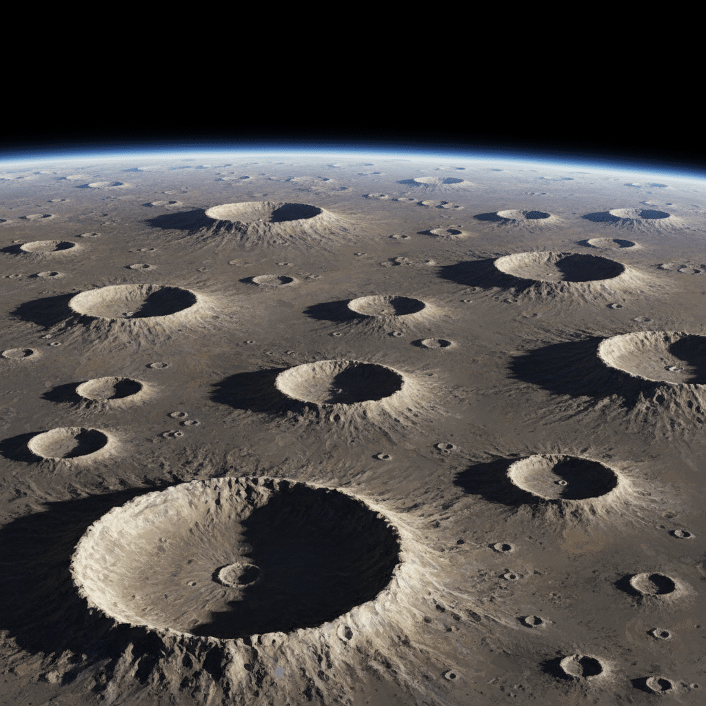 Surface view of the Moon featuring numerous craters against the dark expanse of space, highlighting lunar landscape and terrain texture.